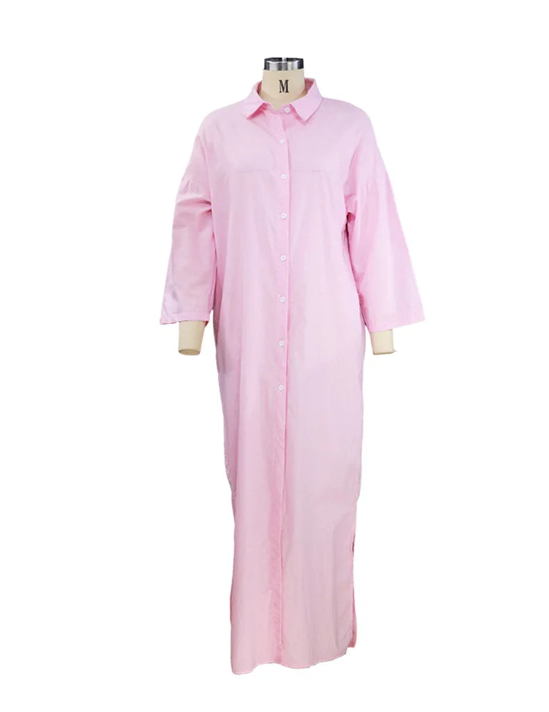 BAMBOOBOY Summer Long Dress Women Three-quarter Sleeve Button Shirts Single Breasted Dresses V-Neck Loose Slit Beach Sundress