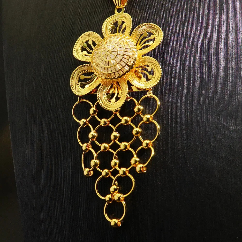 Ensemble de boucles d'oreilles et collier avec pendentif en forme de fleur en or 24 carats plaqué cuivre, accessoires de mariage pour femmes