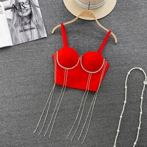 Femmes Chic glands coussinets strass basique Corset bretelles Camis mince chaud Sexy mode nu nombril dos nu hauts femmes haut court