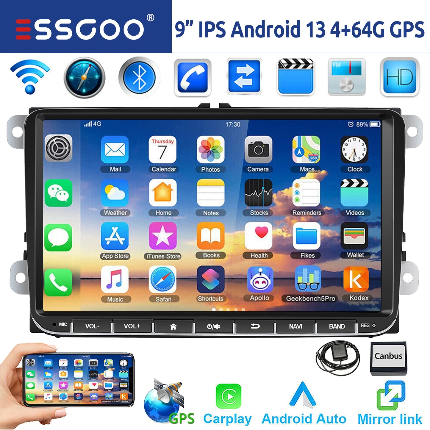 ESSGOO-Autoradio Android 14 de 9 Pouces, 4 Go/64 Go, Navigation GPS N183, WiFi, RDS, FM, BT, pour Voiture VW Golf 5/6, Passat, Polo, Touran, Tiguan, Caddy, EOS