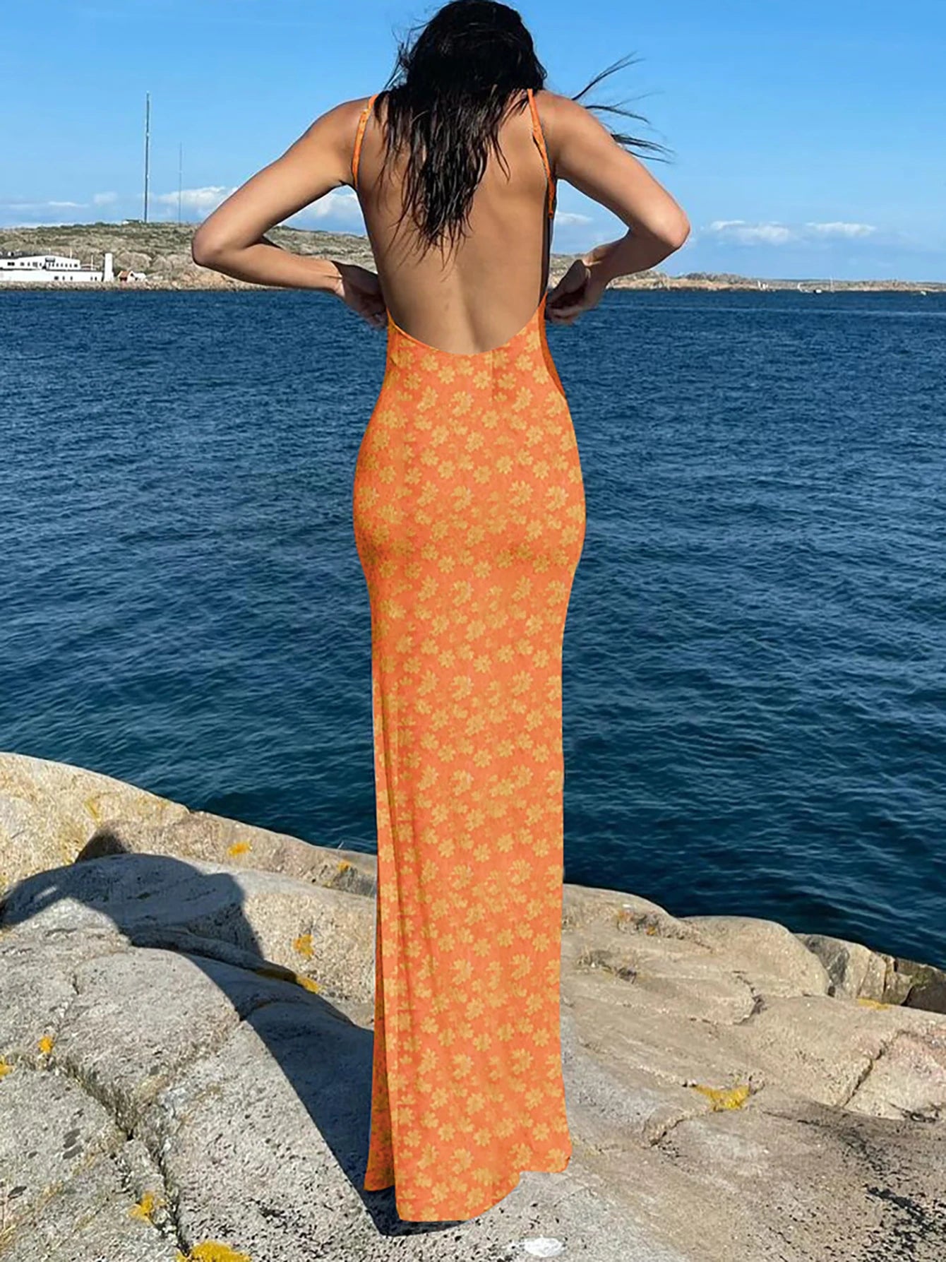 Hawthaw Women Elegant Sleeveless Floral Printed Bodycon Backless Long Dress 2024 Summer Clothes Wholesale Items For Business