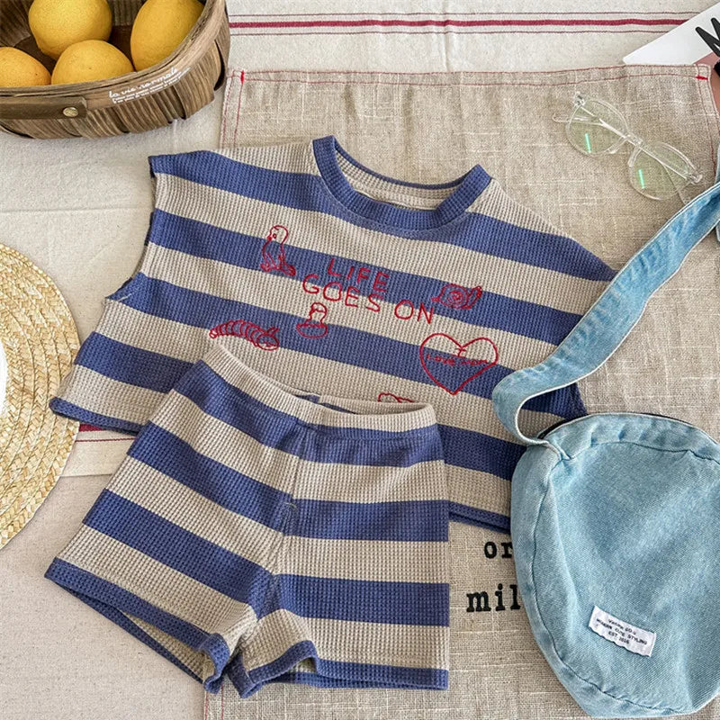 deer jonmi 2024 Summer Korean Style Unisex Kids Striped Outfits Embroidery Loose Tops Shorts 2pcs Toddlers Kids Clothing Sets