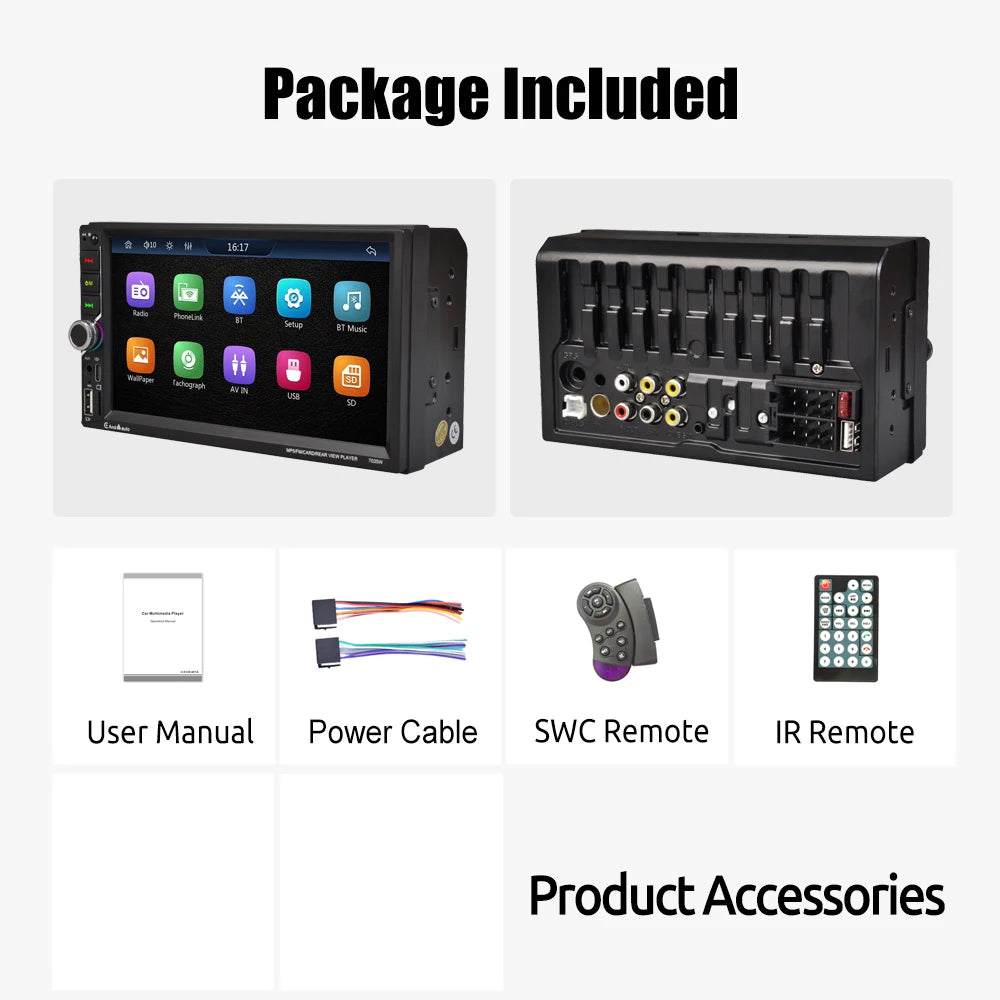 Unité principale autoradio ESSGOO 7 pouces sans fil Apple CarPlay Android Auto Double DIN Radio AUX FM Bluetooth USB TF Touchscreen Mirror Link