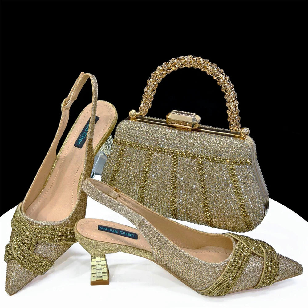 Venus Chan 2024 Design spécial haute qualité couleur Orange femmes africaines chaussures et sac ensemble avec cristal brillant pour la fête de mariage