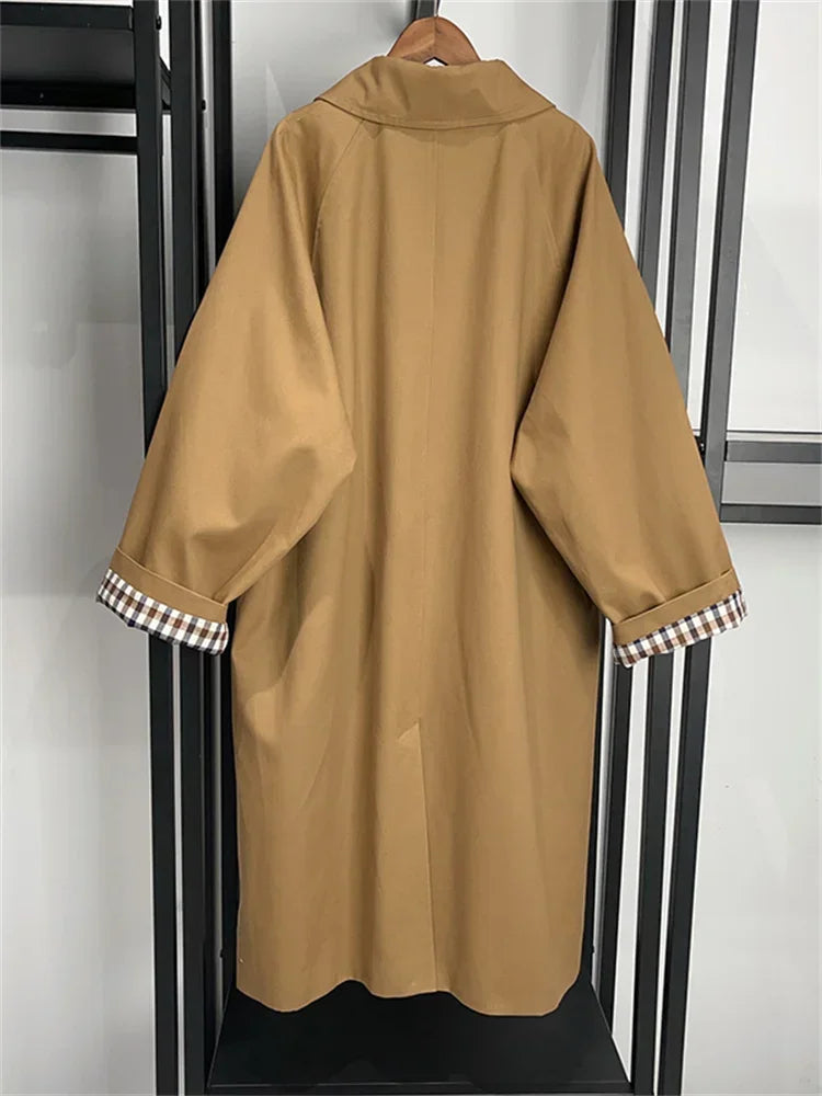 Trench-Coat classique mi-long pour femme, doublure à carreaux, simple boutonnage, col rabattu, coupe-vent ample, automne hiver