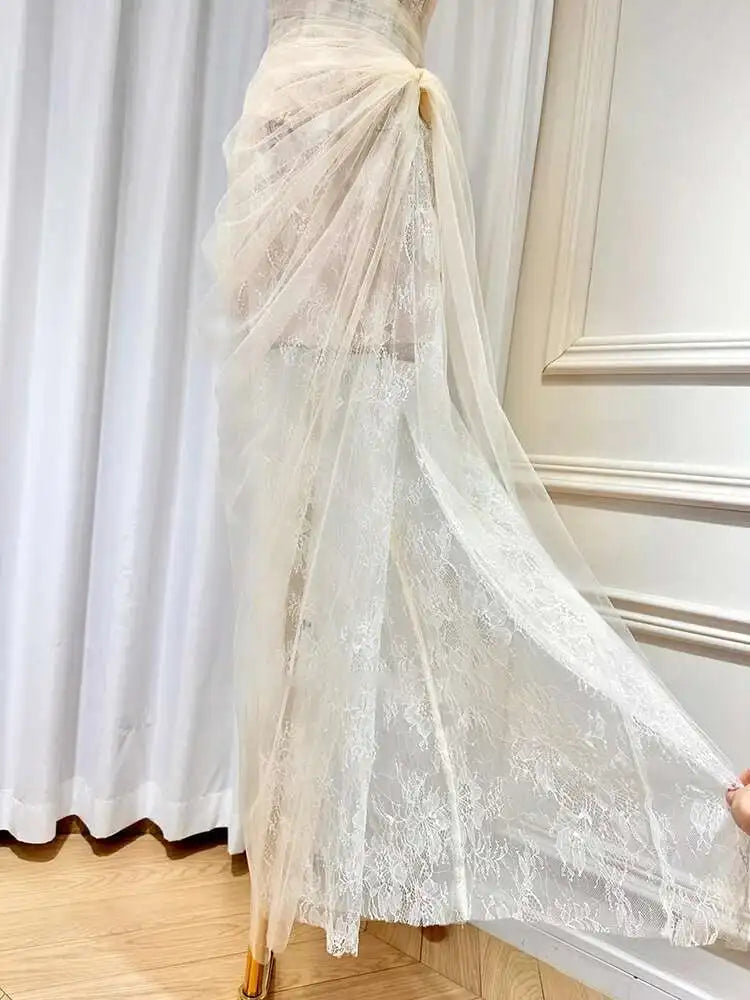 DEAT Women's Single Shoulder Spliced Lace Slit Long Dress 2025 Summer Solid Color Zipper Sleeveless Split Elegant Dresses 15C455