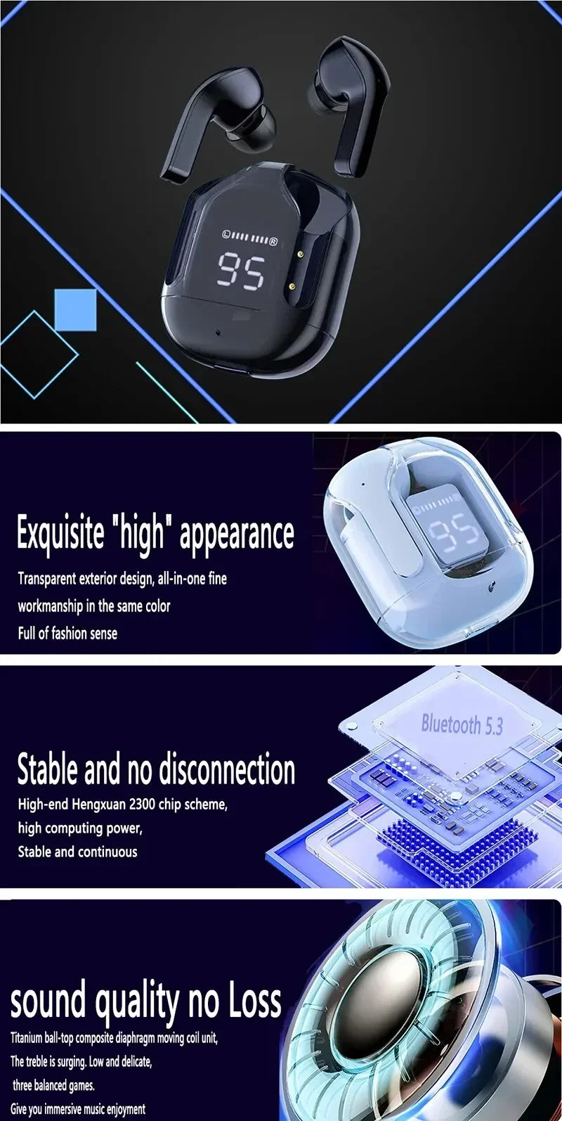 Écouteurs Bluetooth sans fil d'origine, écouteurs HIFI transparents, affichage numérique de l'alimentation LED, son stéréo, Xiaomi, T2