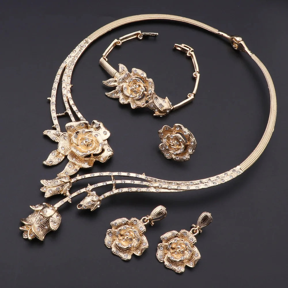 Ensembles de bijoux à la mode pour femmes, boucles d'oreilles, bague, Bracelet, collier, couleur argent, pendentif fleur classique, accessoires pour robe de mariée