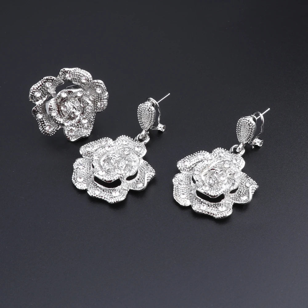 Ensembles de bijoux à la mode pour femmes, boucles d'oreilles, bague, Bracelet, collier, couleur argent, pendentif fleur classique, accessoires pour robe de mariée