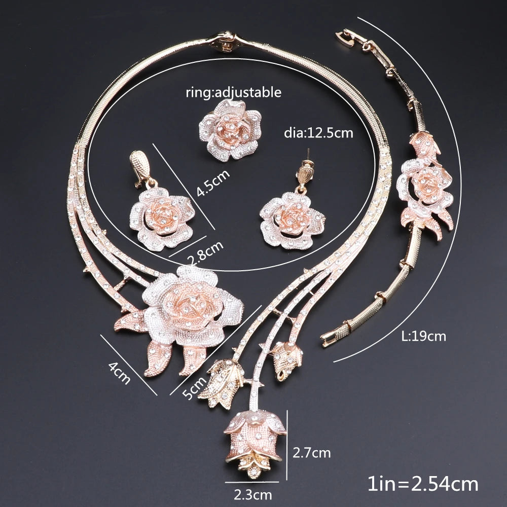 Ensembles de bijoux à la mode pour femmes, boucles d'oreilles, bague, Bracelet, collier, couleur argent, pendentif fleur classique, accessoires pour robe de mariée
