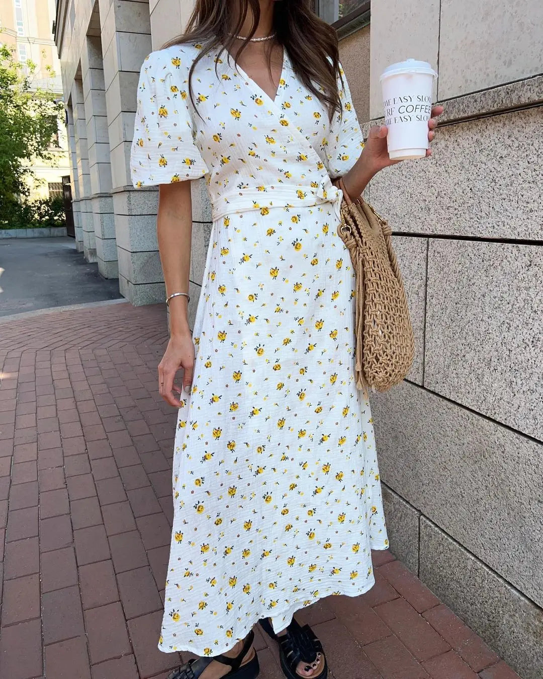 Bornladie Women Psrinted Lace Up Dress Summer Short Sleeve Fashion Office Lady Long Dress 100% Cotton Daily Casual V-neck Skirt