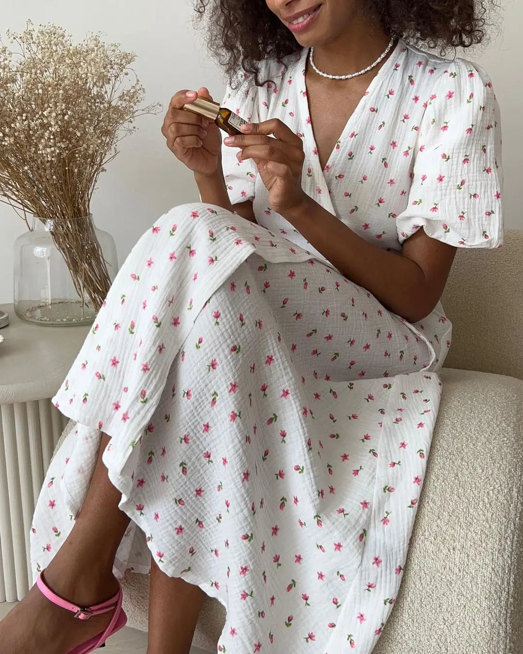Bornladie Women Psrinted Lace Up Dress Summer Short Sleeve Fashion Office Lady Long Dress 100% Cotton Daily Casual V-neck Skirt