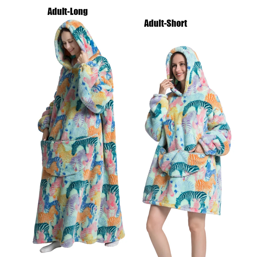 Femmes couvertures avec manches adulte Super chaud surdimensionné sweats à capuche hiver en peluche flanelle pyjama sweat hommes femmes couverture portable