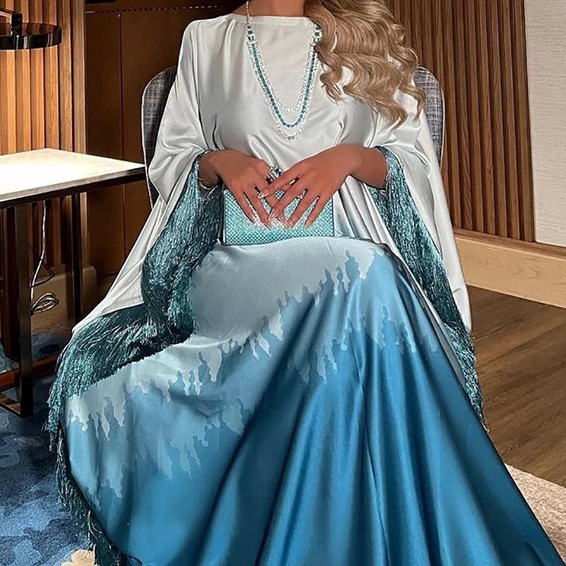 Fashion O-neck Tassels Patchwork Robe Dress Elegant Gradient Print Loose Long Dress Women's Casual Batwing Sleeve Party Dresses