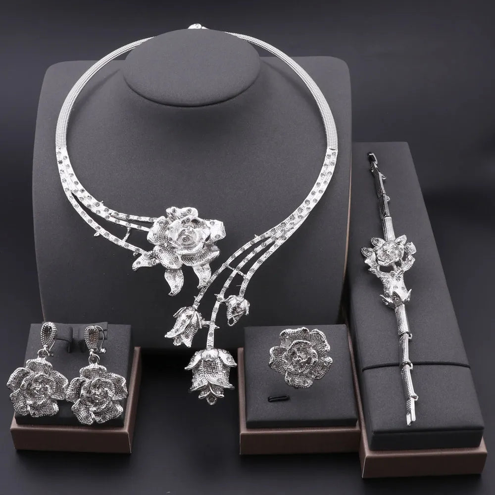 Ensembles de bijoux à la mode pour femmes, boucles d'oreilles, bague, Bracelet, collier, couleur argent, pendentif fleur classique, accessoires pour robe de mariée