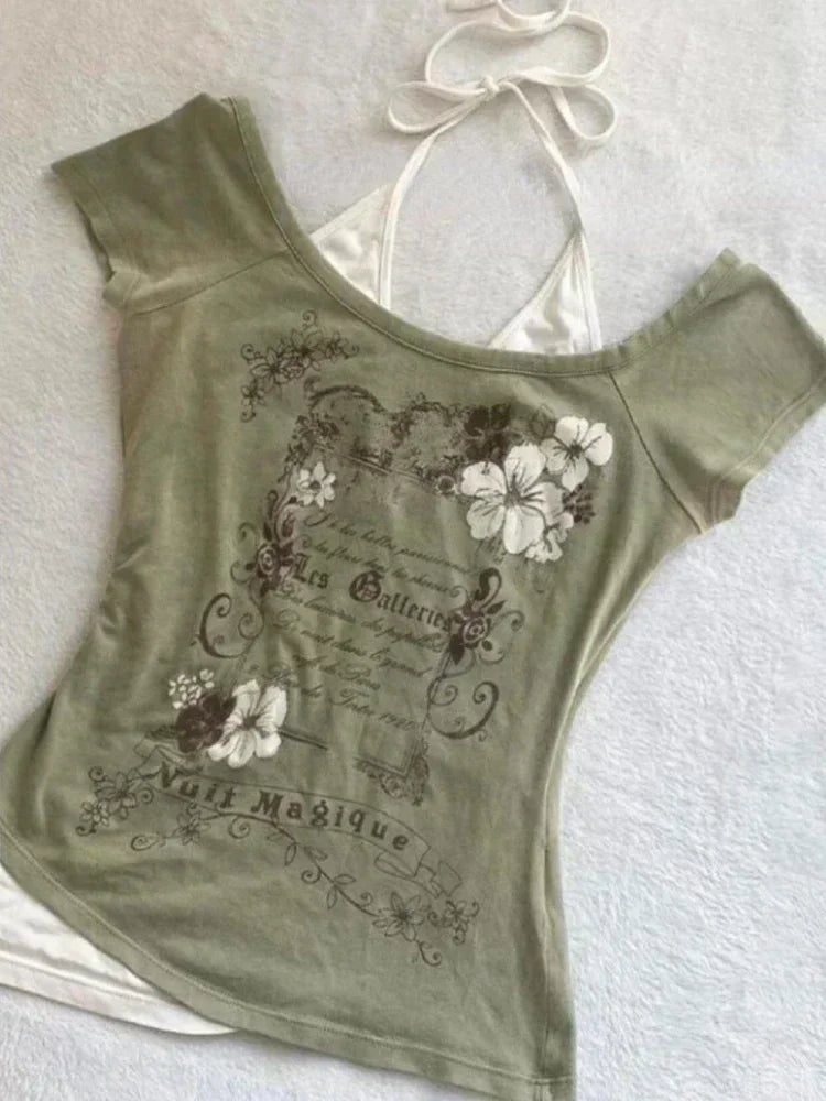 Vintage vêtements femmes imprimer Sexy Punk Streetwear mince Femme t-shirts chemise gothique décontracté Grunge t-shirts 2000s Emo Y2k haut court