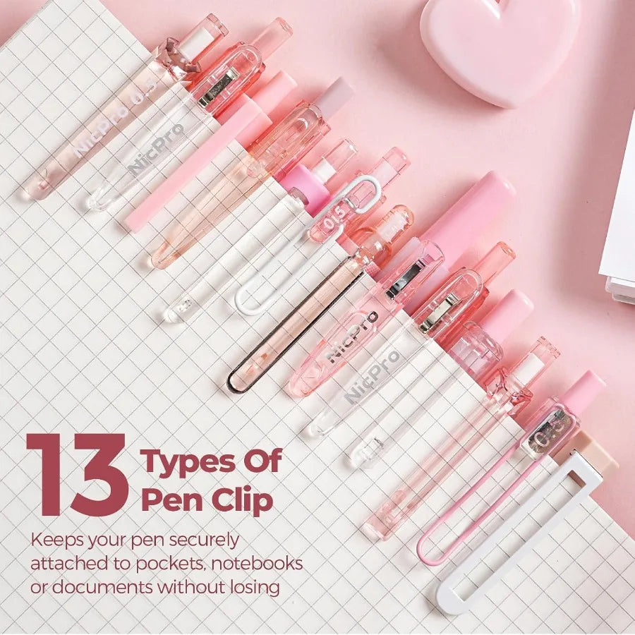 Ensemble de stylos à encre Gel Pastel, avec étui, joli stylo rétractable à pointe Fine de 0.5mm, 12 stylos roses, encre noire avec 1 surligneur esthétique, 13 paquets