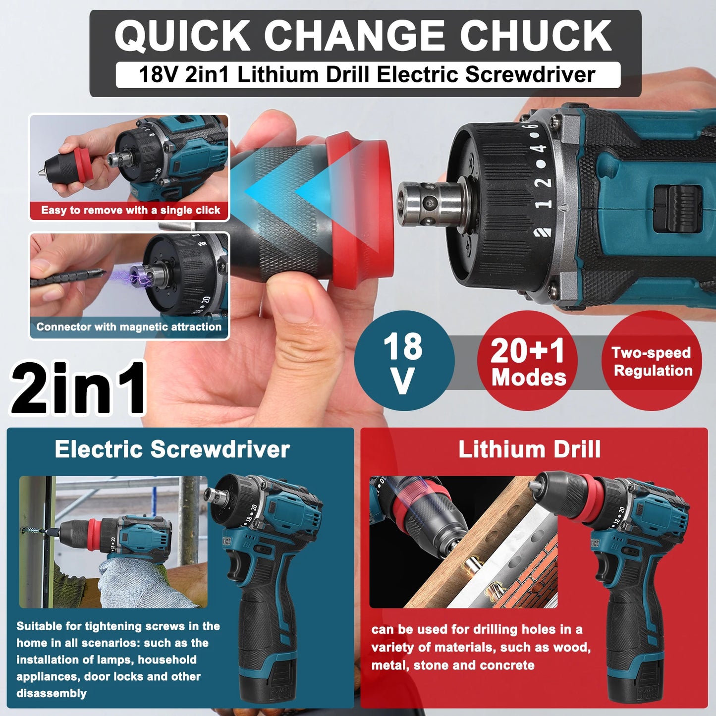 Tournevis électrique sans fil 2 en 1, perceuse, moteur sans balais, couple 45/55Nm, régulation de vitesse en continu, perceuse à pilote au Lithium portable