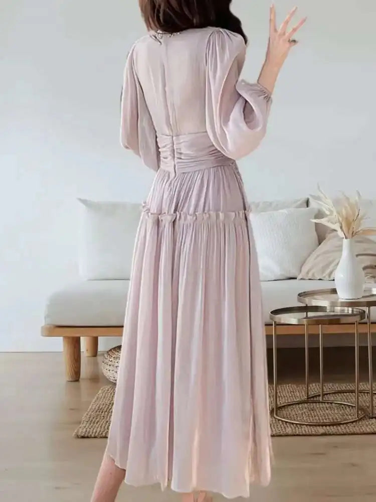 UCXQ Elegant Long Dress French Style Tassels Diamonds Fold Waist Ruffled Edges Evening Dresses Women 2025 Spring Autumn 3WQ8194