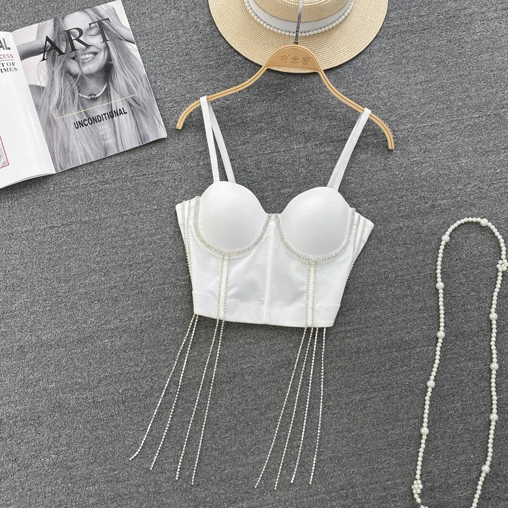 Femmes Chic glands coussinets strass basique Corset bretelles Camis mince chaud Sexy mode nu nombril dos nu hauts femmes haut court