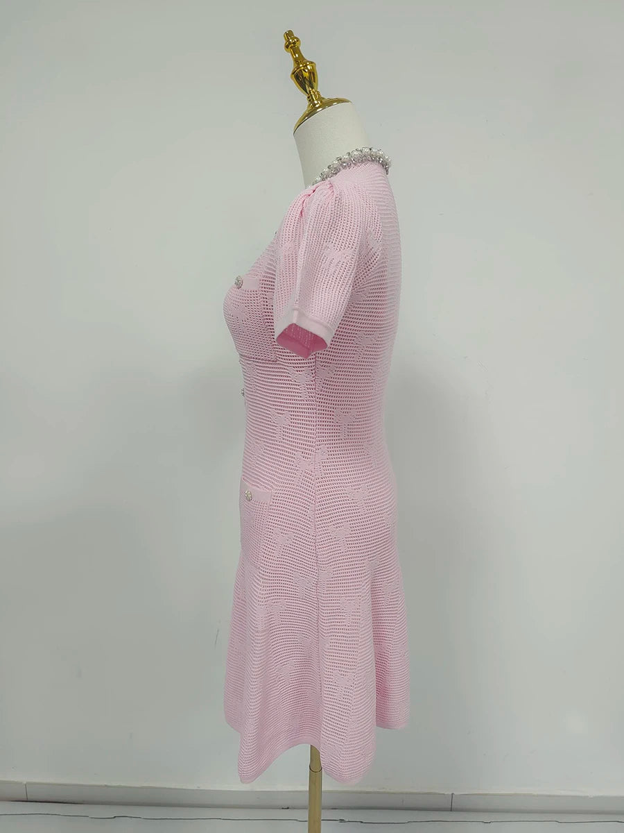 VGH – ensemble deux pièces tricoté pour femmes, col rond, perles épissées, manches courtes, taille haute, Mini robe avec écharpe, tenue unie, nouvelle collection