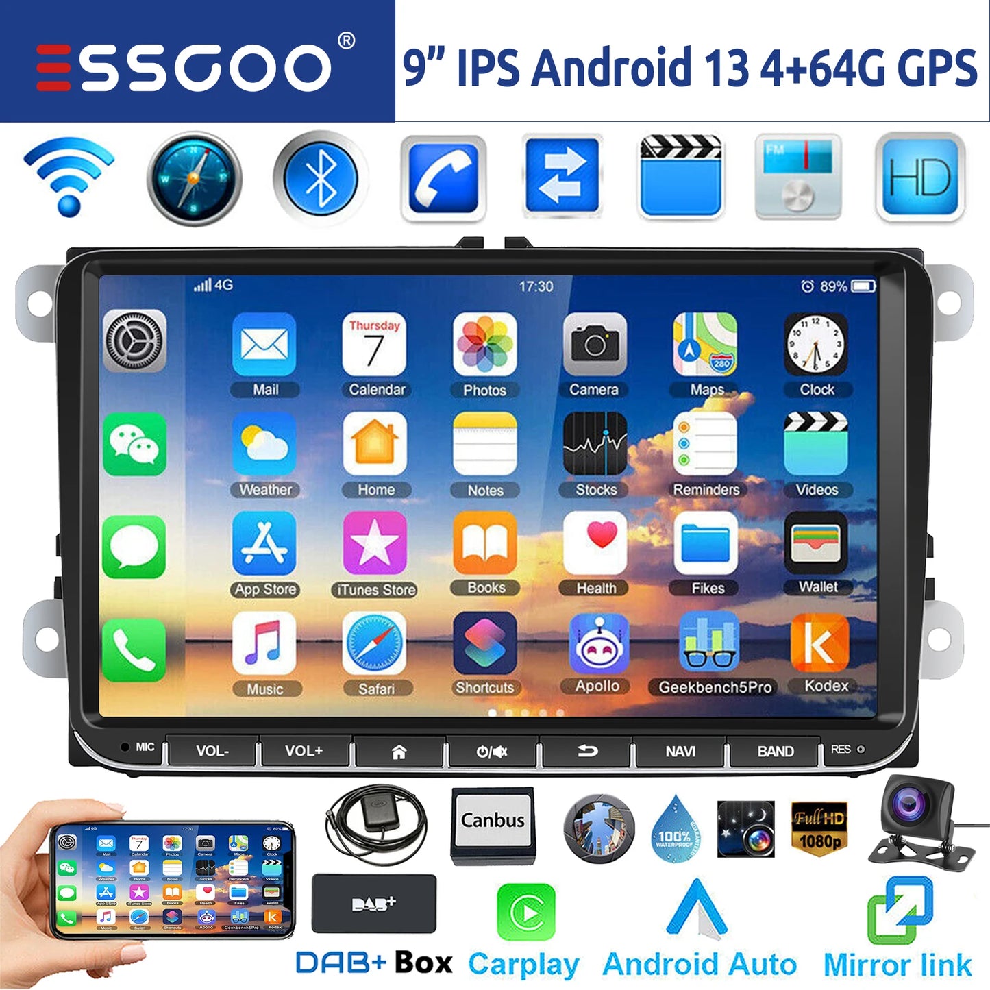 ESSGOO-Autoradio Android 14 de 9 Pouces, 4 Go/64 Go, Navigation GPS N183, WiFi, RDS, FM, BT, pour Voiture VW Golf 5/6, Passat, Polo, Touran, Tiguan, Caddy, EOS
