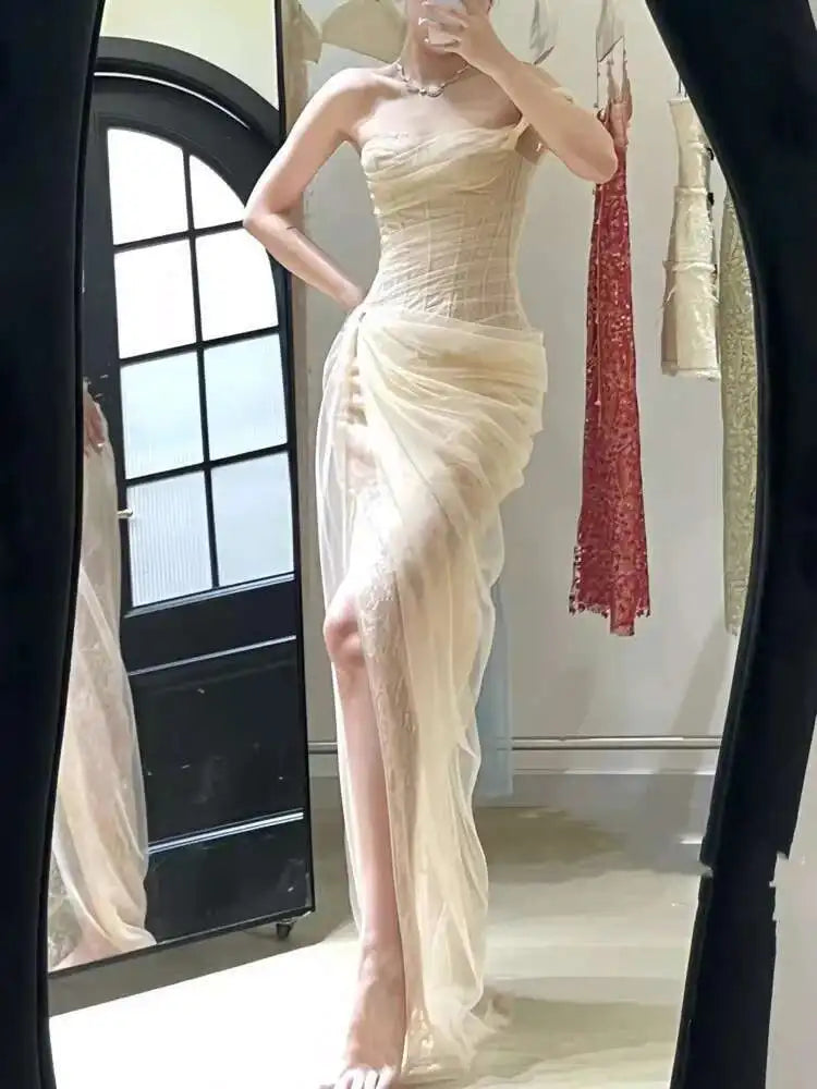DEAT Women's Single Shoulder Spliced Lace Slit Long Dress 2025 Summer Solid Color Zipper Sleeveless Split Elegant Dresses 15C455