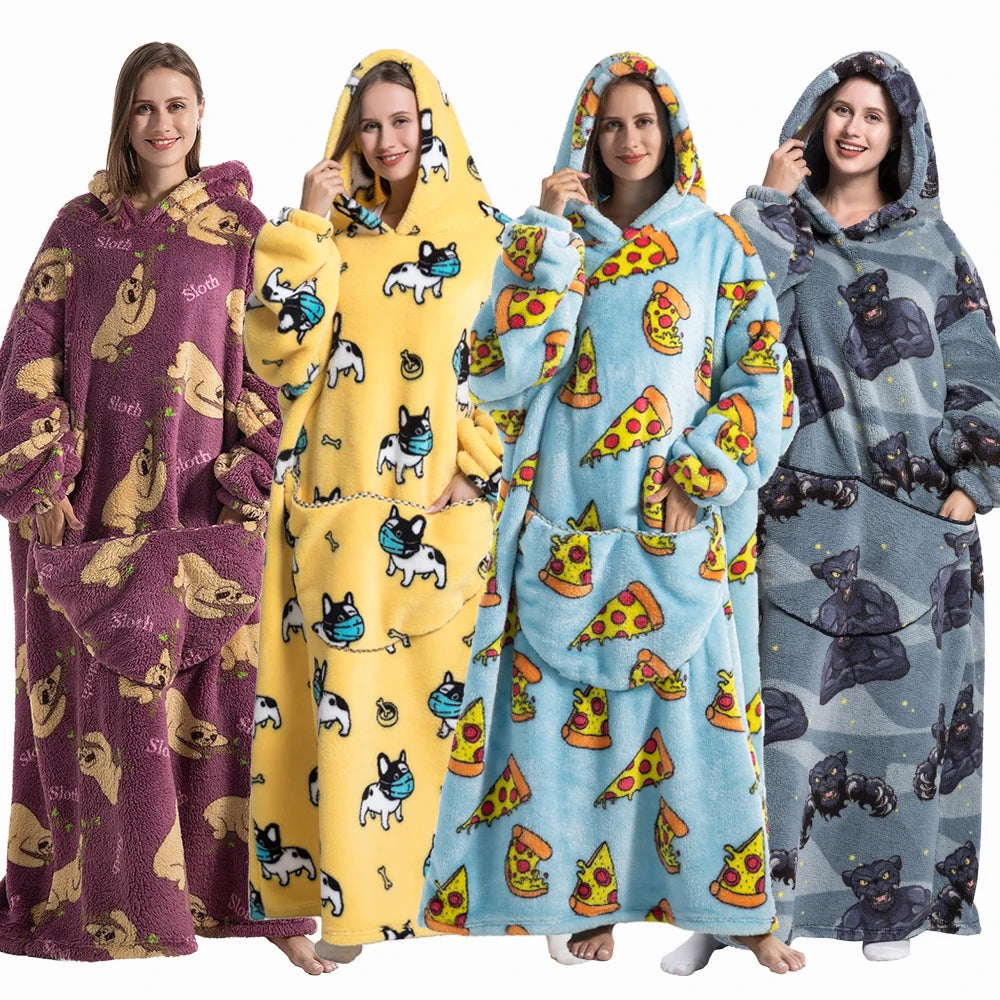 Femmes couvertures avec manches adulte Super chaud surdimensionné sweats à capuche hiver en peluche flanelle pyjama sweat hommes femmes couverture portable