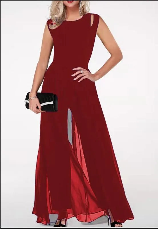 Femmes été longue combinaison 2023 coupe ajustée col rond sans manches creux lait soie couleur unie combinaison femme robes YML 2022417