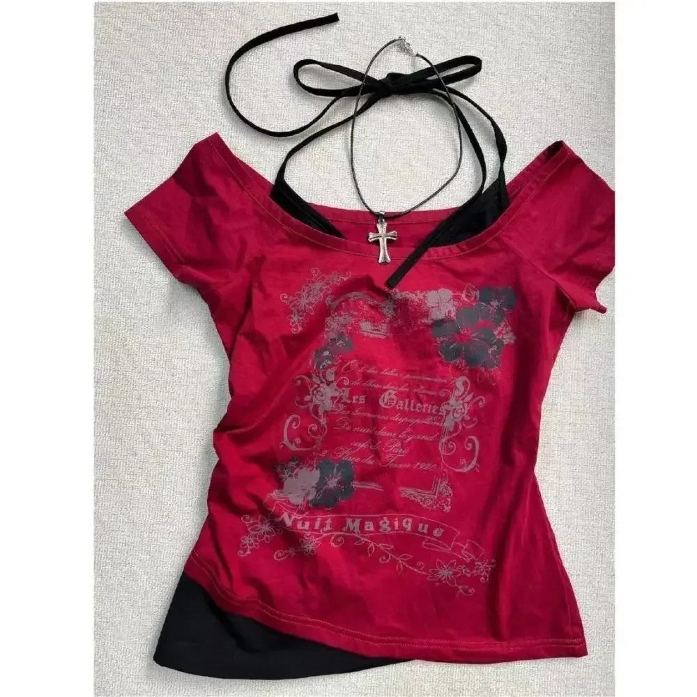Y2k-T-shirt à Manches Courtes pour Femme, Vêtement Vintage Doux et Sexy, Col Licou, Slim, Décontracté, Populaire, Chic
