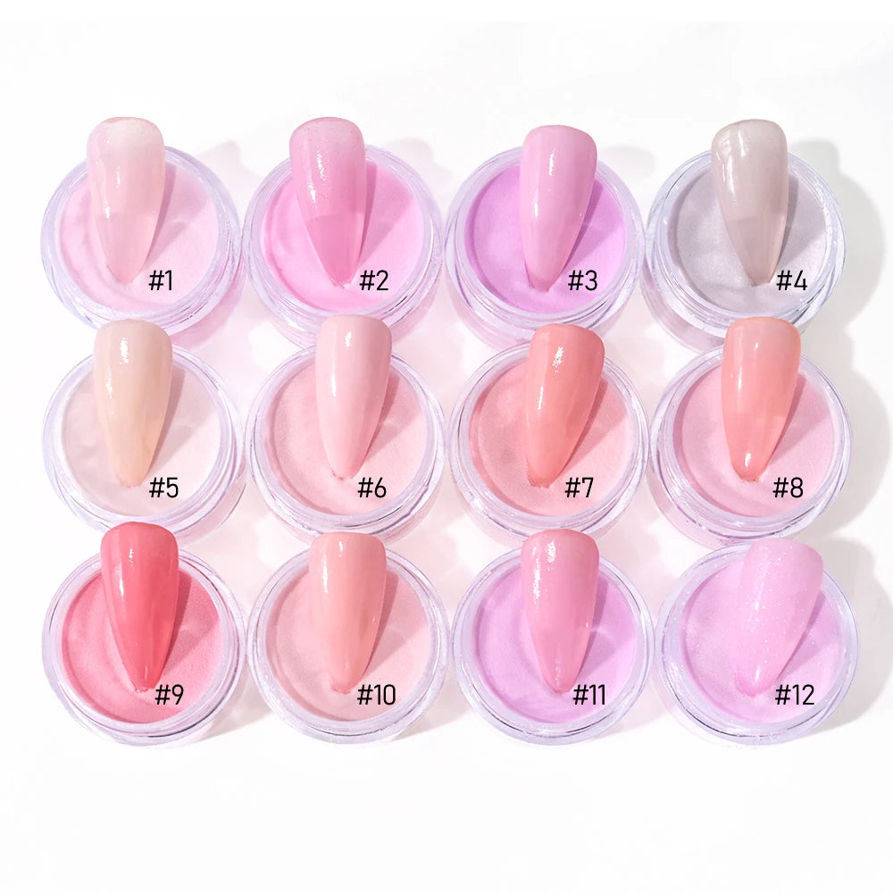 Ensemble de poudre acrylique professionnelle 3 en 1, 12 couleurs, rose chair, 12 pots d'immersion et Extensions d'ongles en acrylique, Structure de poussière, 10g