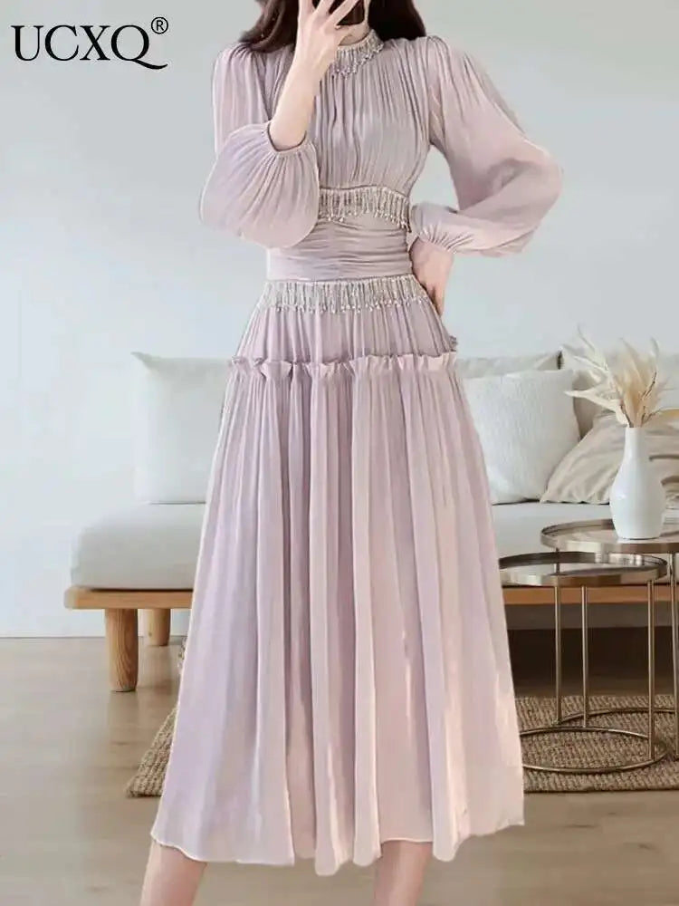 UCXQ Elegant Long Dress French Style Tassels Diamonds Fold Waist Ruffled Edges Evening Dresses Women 2025 Spring Autumn 3WQ8194