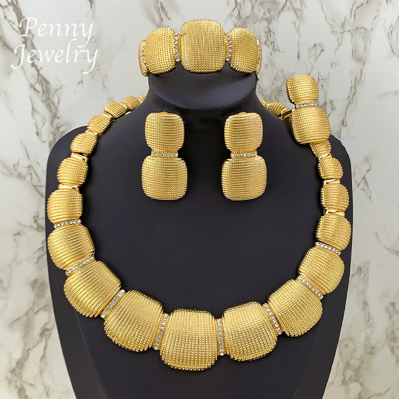 Ensemble de bijoux ronds italiens épais plaqués or de dubaï, collier ras du cou, boucles d'oreilles pendantes, Bracelet, bague, cadeau de fête de mariage de mariée africaine