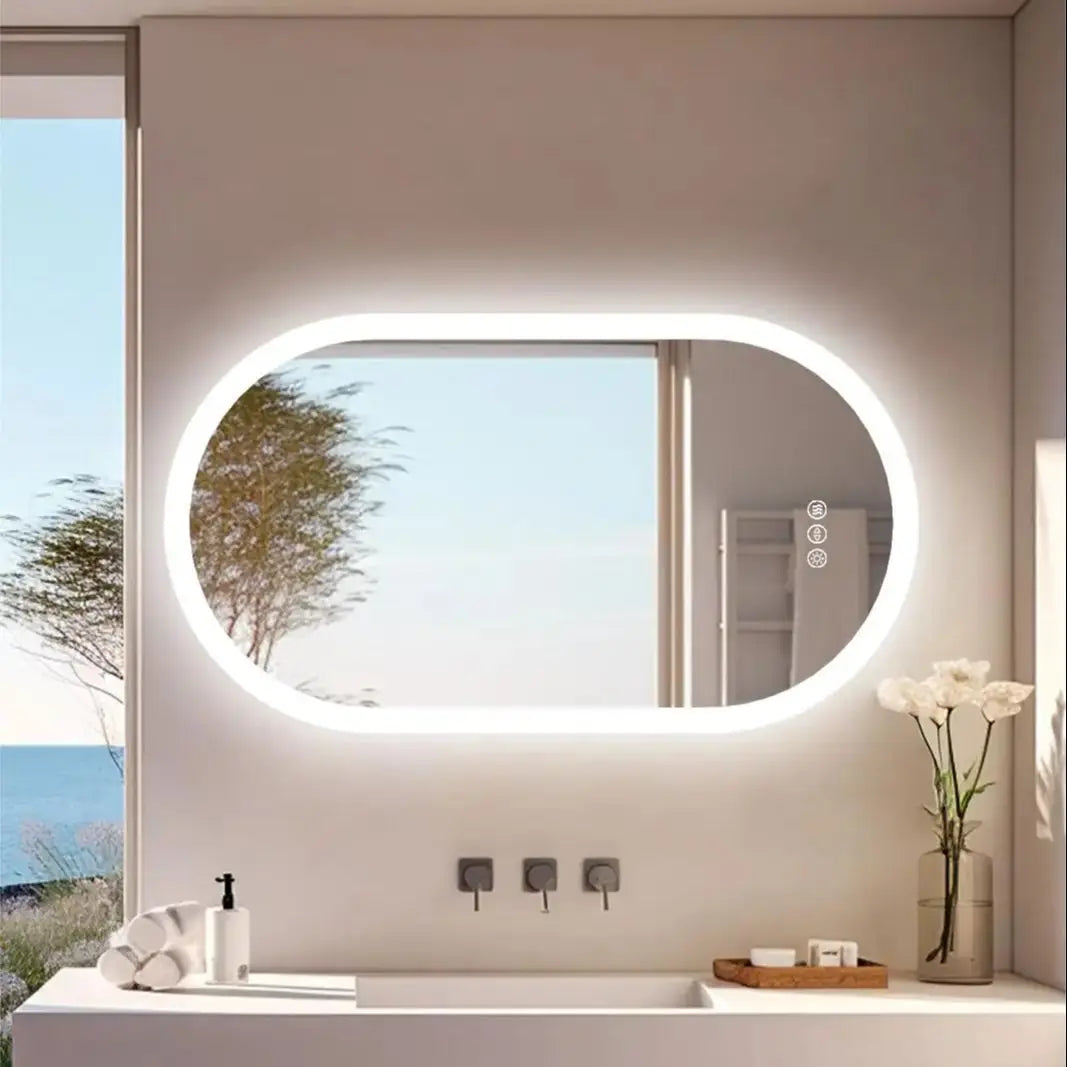 Miroir de courtoisie mural anti-buée intelligent à intensité variable, prise LED, installation de fil dur, 3 couleurs, 3 TANOval