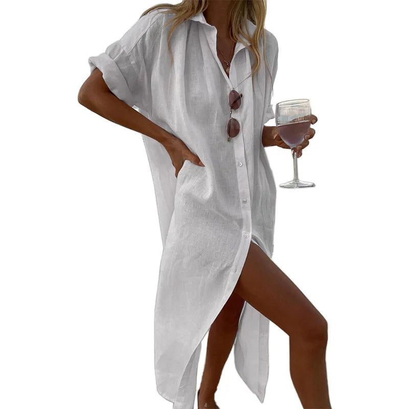BAMBOOBOY Summer Long Dress Women Three-quarter Sleeve Button Shirts Single Breasted Dresses V-Neck Loose Slit Beach Sundress