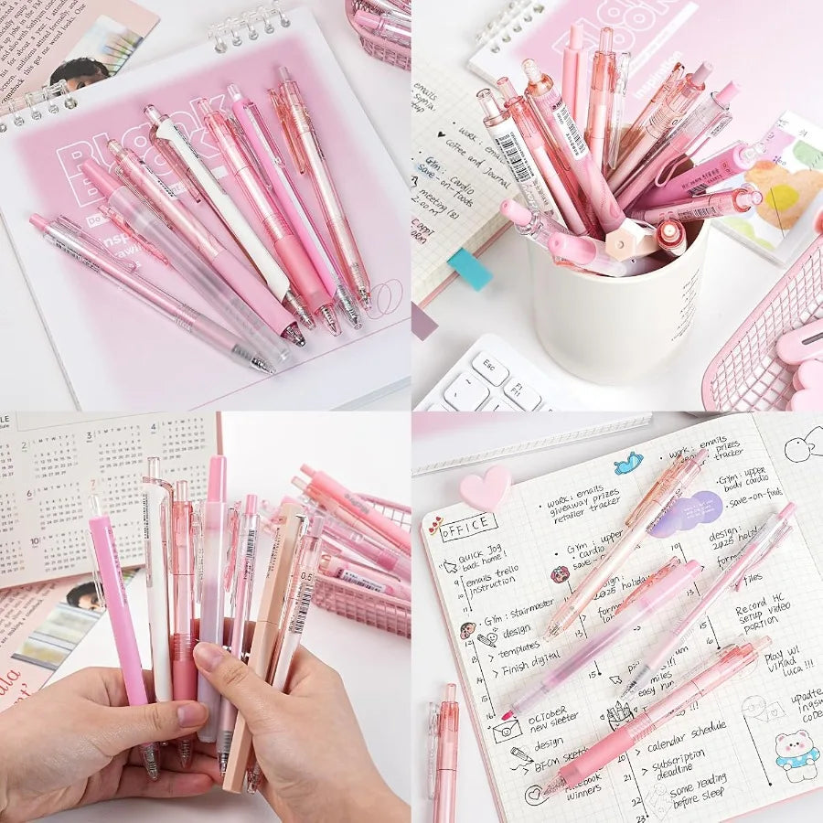 Ensemble de stylos à encre Gel Pastel, avec étui, joli stylo rétractable à pointe Fine de 0.5mm, 12 stylos roses, encre noire avec 1 surligneur esthétique, 13 paquets