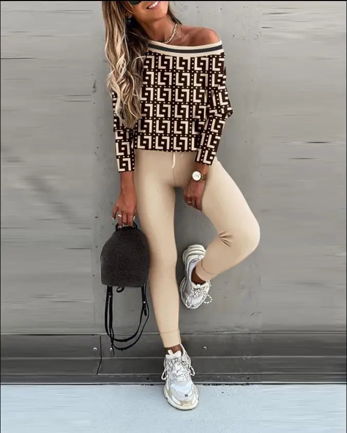 Ensemble 2 pièces imprimé pour femme, tenue de sport décontractée, pantalon de jogging en V, ensembles trempés, vêtements de survêtement, automne