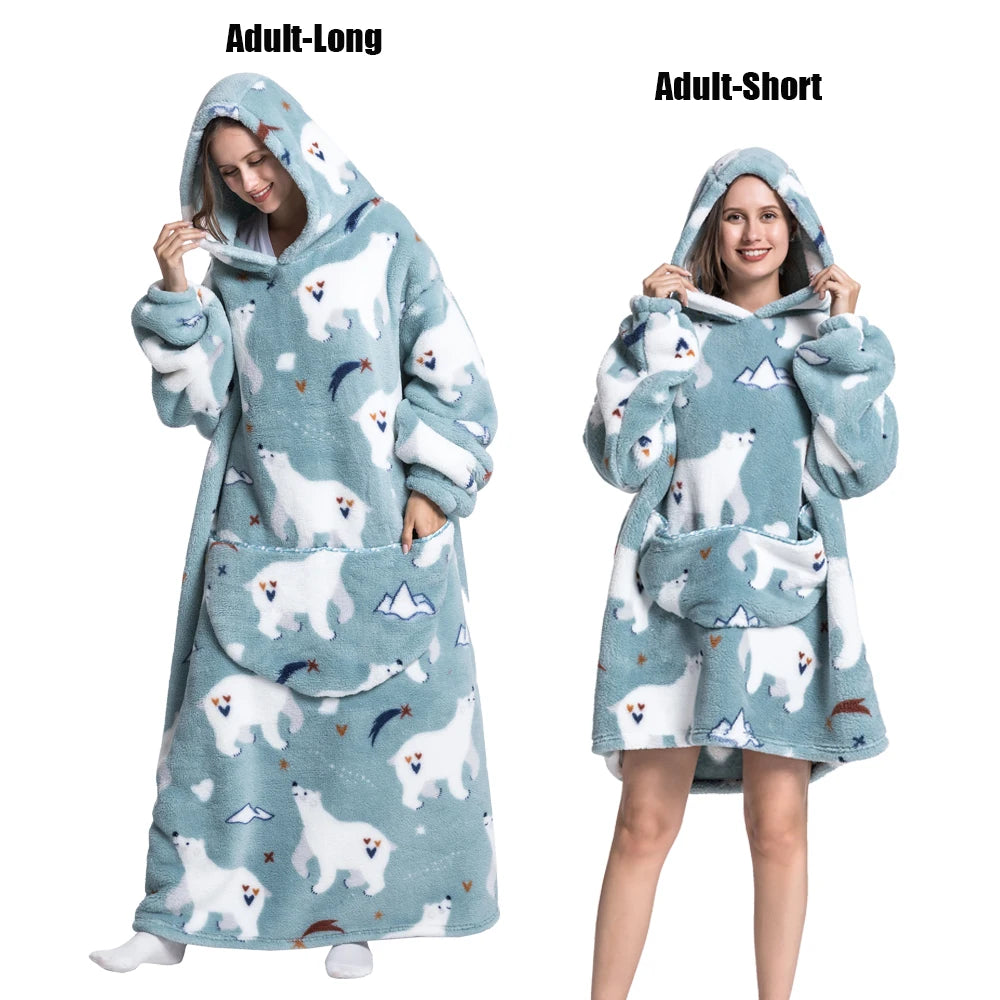 Femmes couvertures avec manches adulte Super chaud surdimensionné sweats à capuche hiver en peluche flanelle pyjama sweat hommes femmes couverture portable