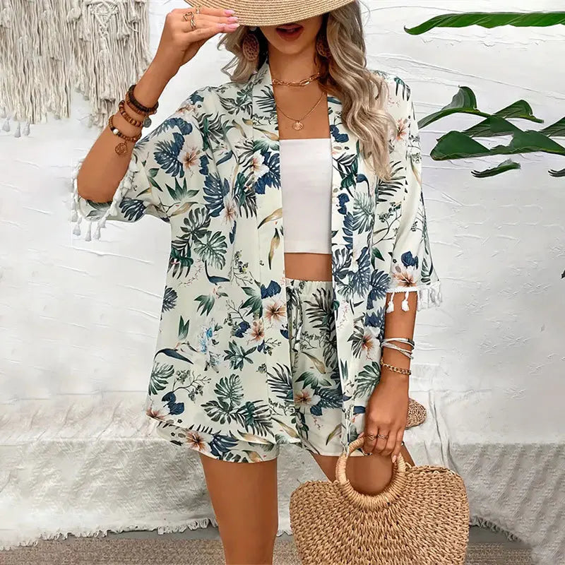 Chemise hawaïenne à manches courtes pour femmes, deux pièces, imprimée, protection solaire