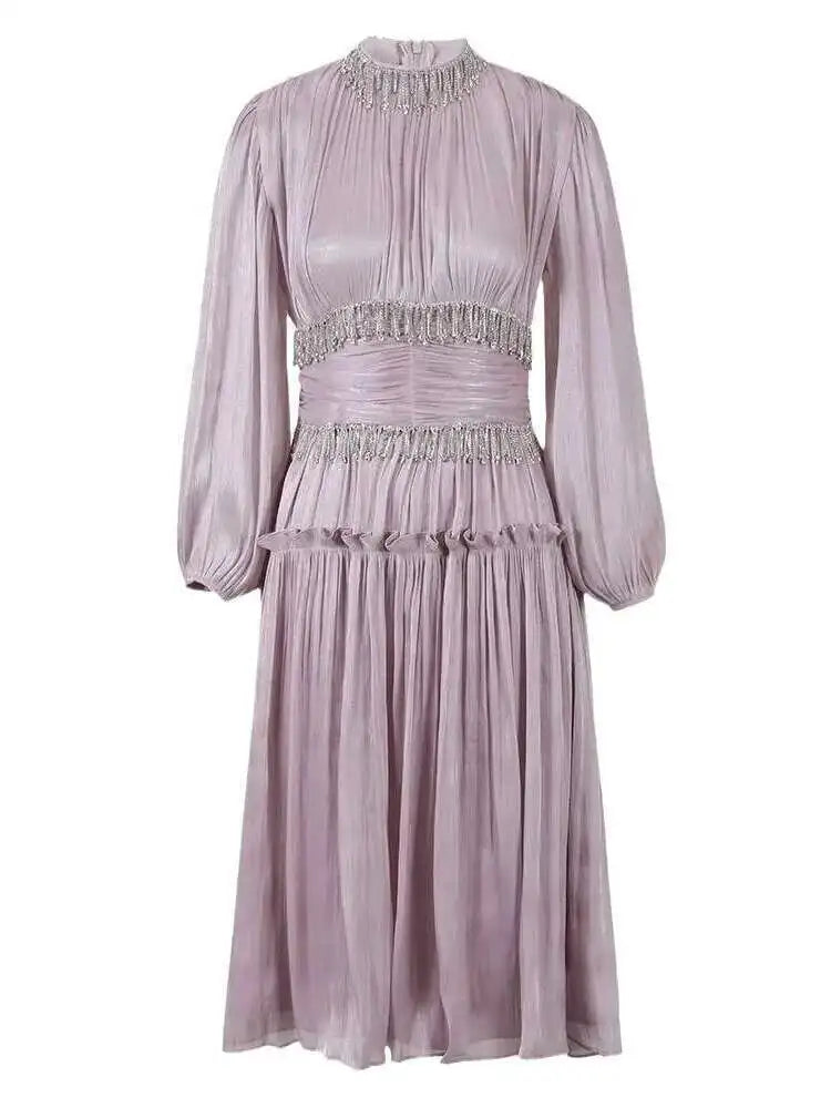 UCXQ Elegant Long Dress French Style Tassels Diamonds Fold Waist Ruffled Edges Evening Dresses Women 2025 Spring Autumn 3WQ8194