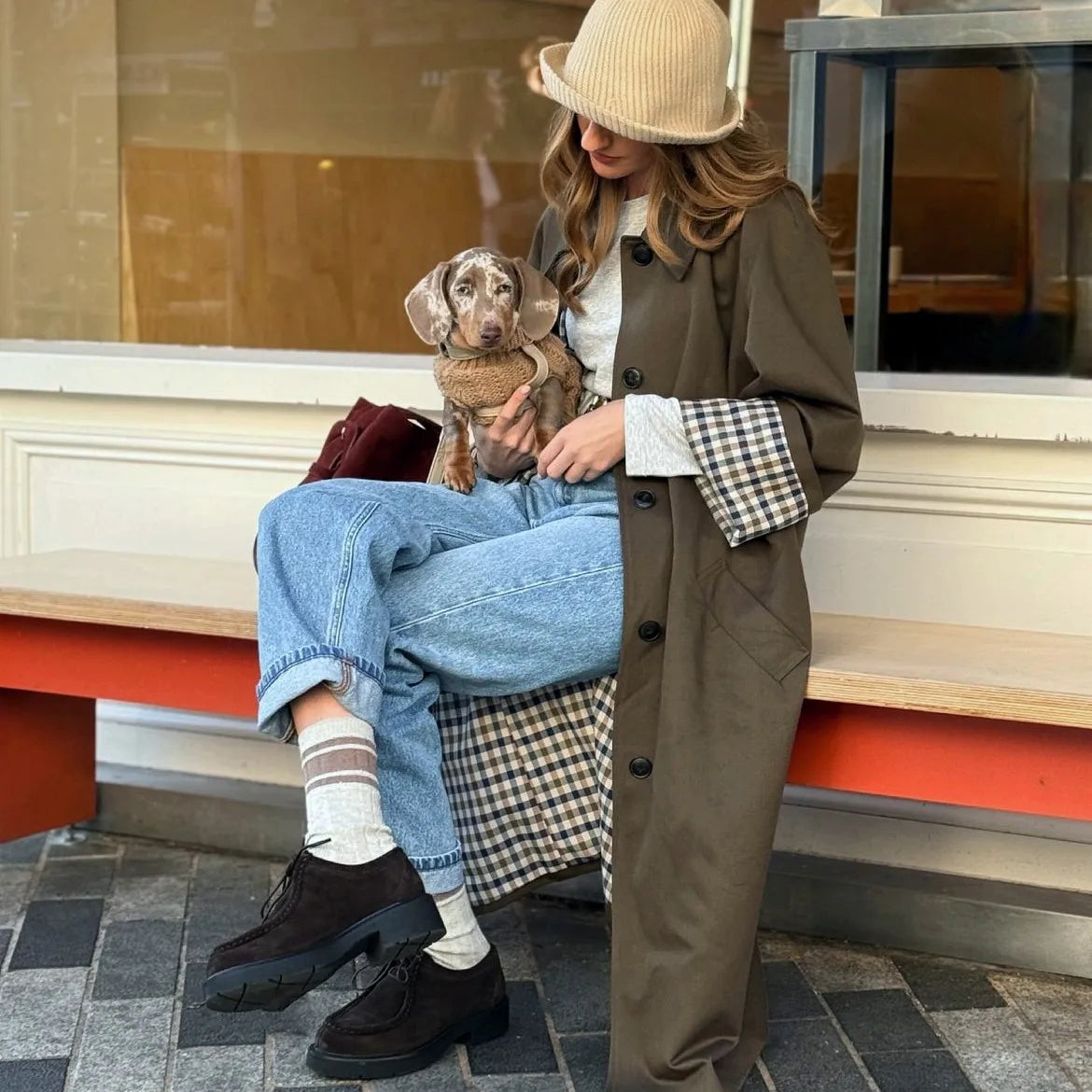 Trench-Coat classique mi-long pour femme, doublure à carreaux, simple boutonnage, col rabattu, coupe-vent ample, automne hiver