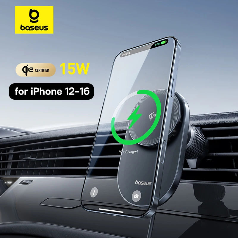 Baseus Chargeur sans fil magnétique pour voiture, Qi2, 15W, charge rapide, support de téléphone, ventilateur de refroidissement, iPhone 16, 15, 14, Samsung, Xiaomi