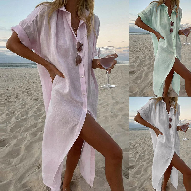 BAMBOOBOY Summer Long Dress Women Three-quarter Sleeve Button Shirts Single Breasted Dresses V-Neck Loose Slit Beach Sundress