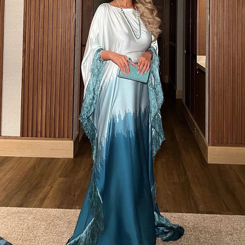 Fashion O-neck Tassels Patchwork Robe Dress Elegant Gradient Print Loose Long Dress Women's Casual Batwing Sleeve Party Dresses