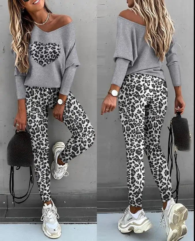 Ensemble 2 pièces imprimé pour femme, tenue de sport décontractée, pantalon de jogging en V, ensembles trempés, vêtements de survêtement, automne