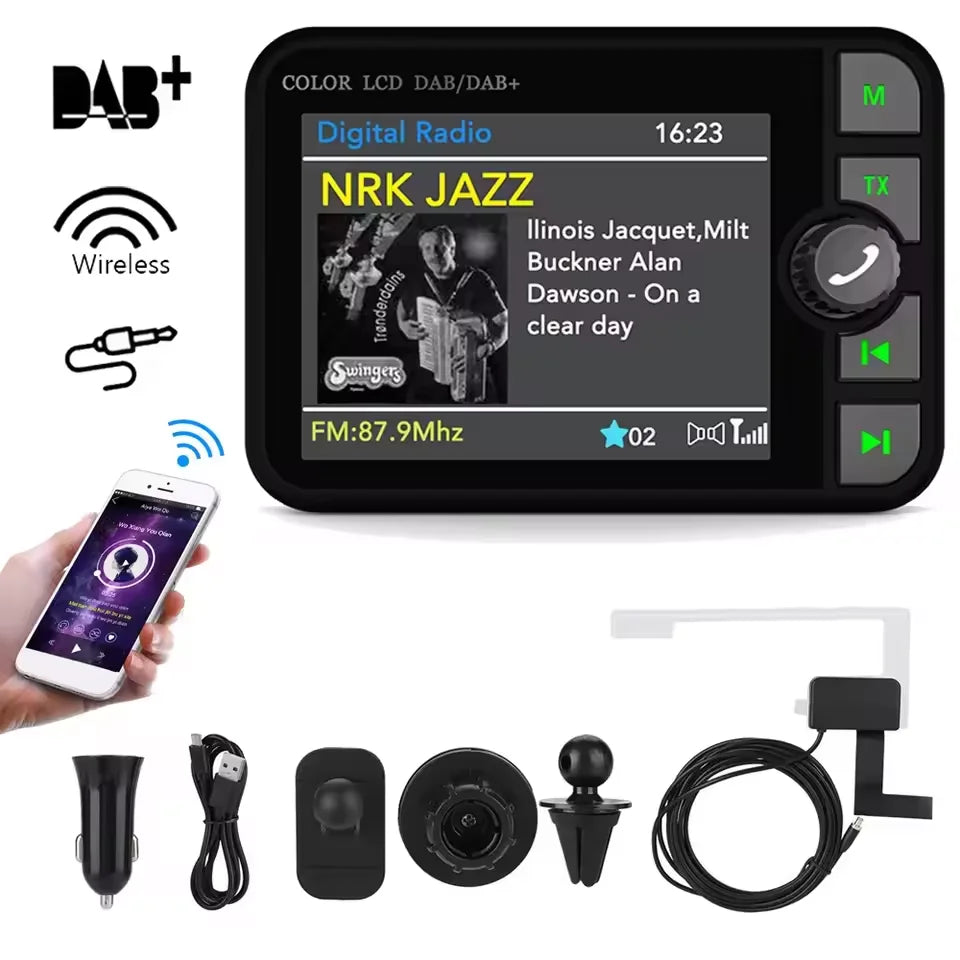 Récepteur Radio DAB dans la voiture avec écran 2.4 pouces, adaptateur de diffusion d'antenne de Signal numérique stéréo, transmetteur FM Bluetooth 5.0 AUX MP3