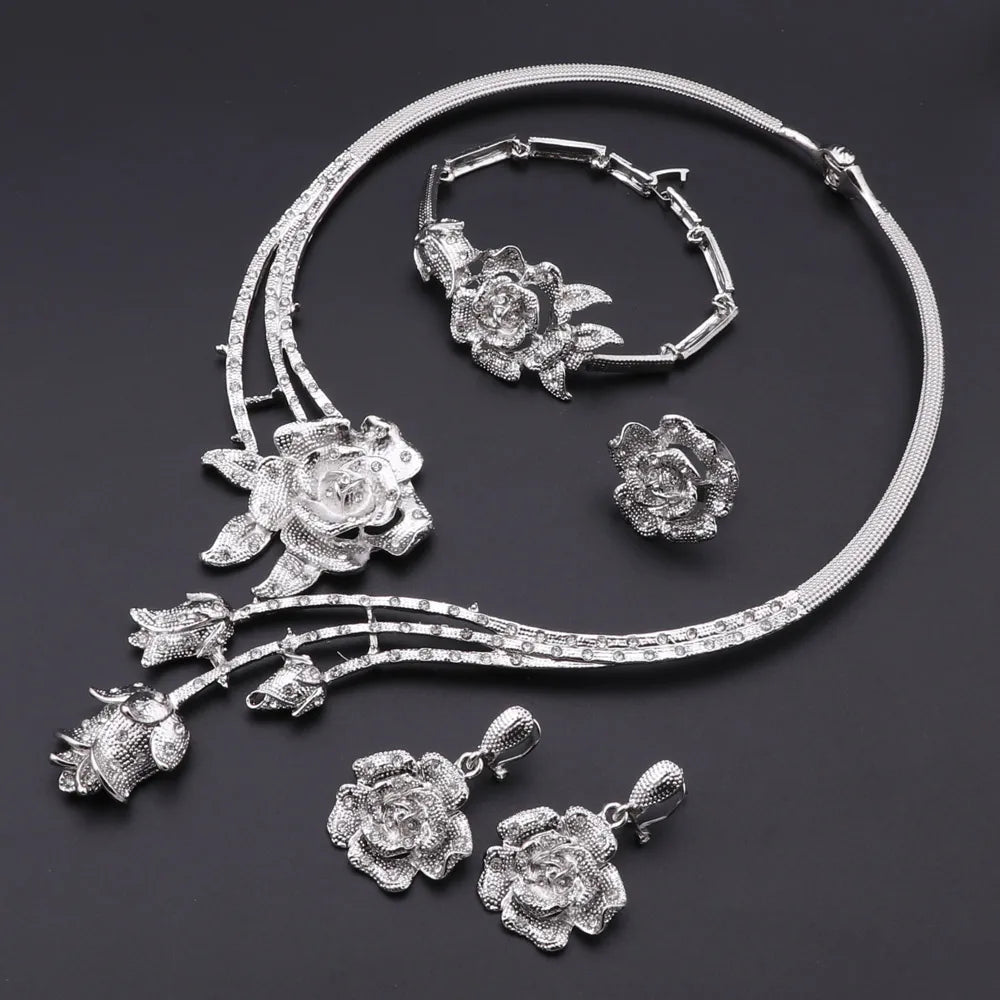 Ensembles de bijoux à la mode pour femmes, boucles d'oreilles, bague, Bracelet, collier, couleur argent, pendentif fleur classique, accessoires pour robe de mariée
