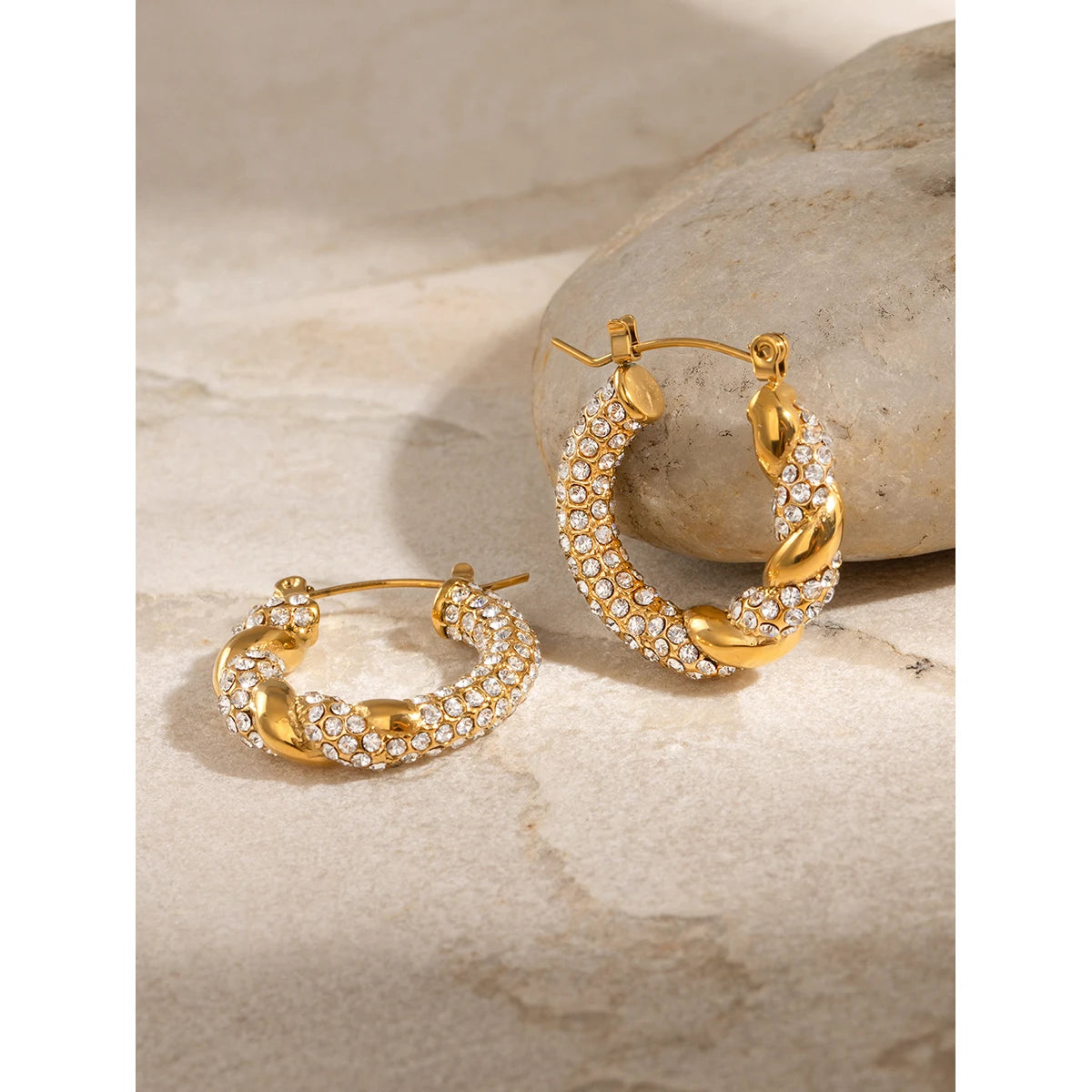 Uworld Gorgeous Twisted Cubic Zirconia Stainless Steel Hoop Earrings Gold Color Stylish Trendy Charm Micro Zircon Jewelry Women