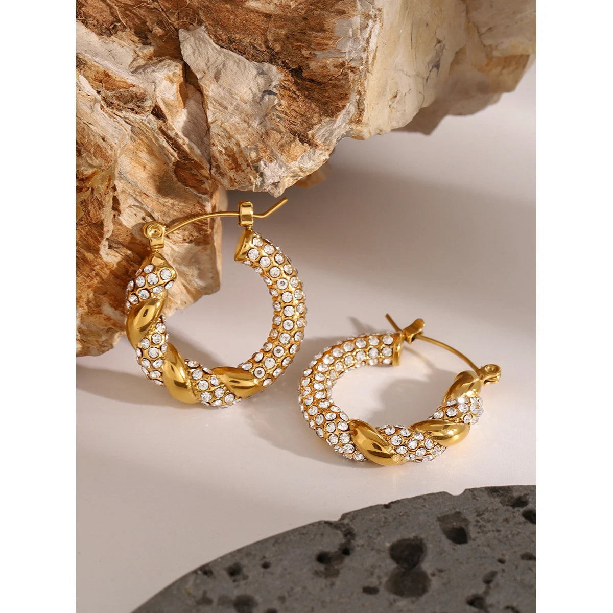 Uworld Gorgeous Twisted Cubic Zirconia Stainless Steel Hoop Earrings Gold Color Stylish Trendy Charm Micro Zircon Jewelry Women