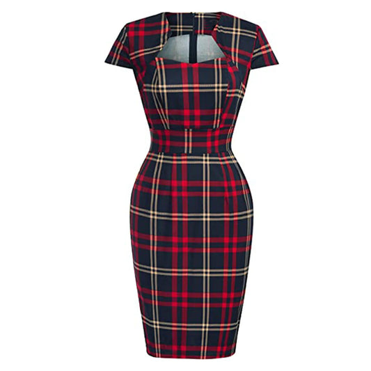 Une pièce rétro bureau moulante femmes robe fourreau porter au travail affaires robes Plaid imprimé angleterre Style 60s robes de pansement